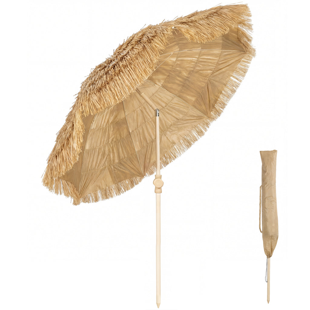 150 cm Hula Strohdach Tiki Strand- und Gartenschirm mit Sandanker, verstellbarer Höhe und Neigefunktion, Strohdach Sonnenschirm