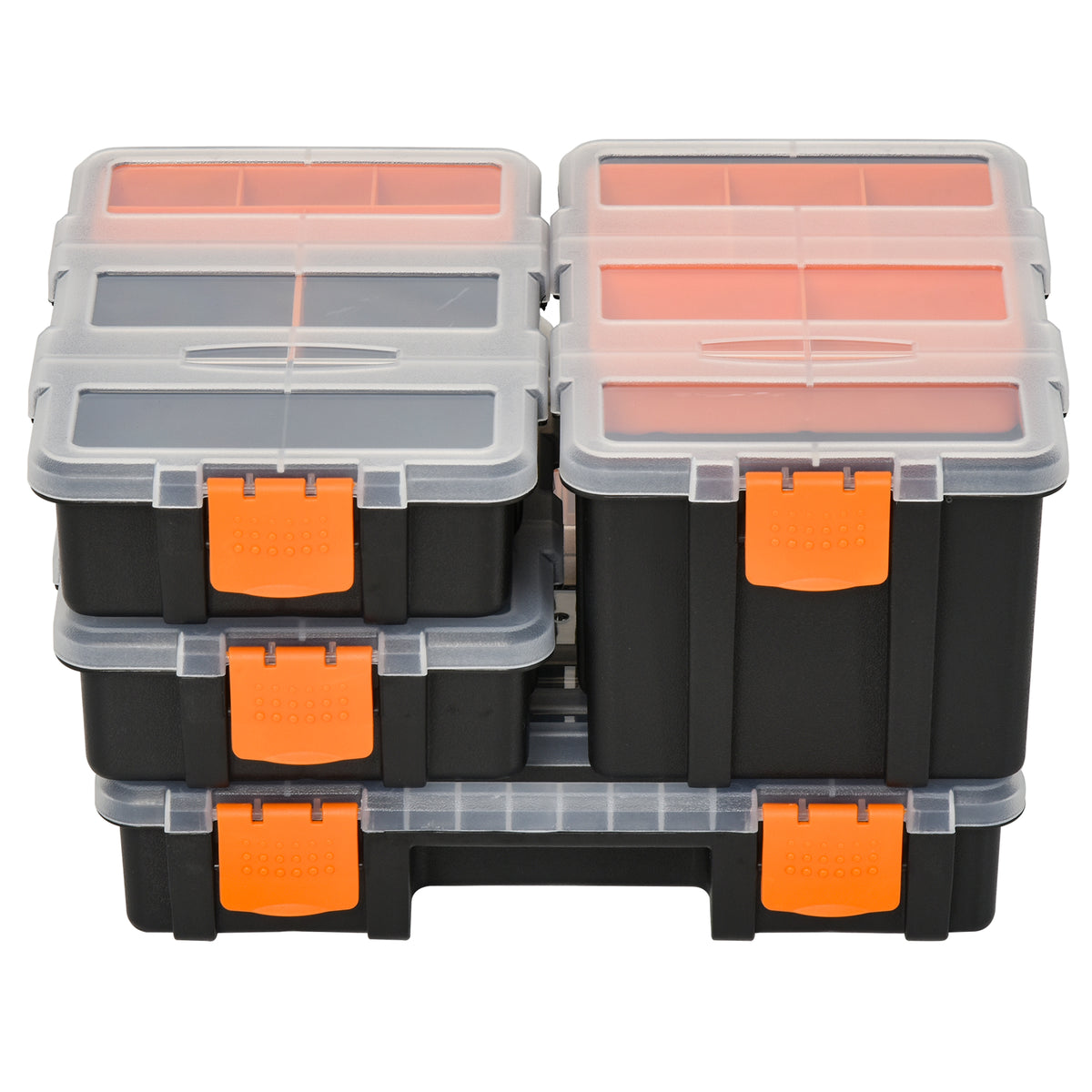Set Of 4 Plastic DIY Tool Storage Boxes w/ Inside Dividers Locking Lids Home Garage Organisation Stacking Arts Crafts Bolts Black Orange
