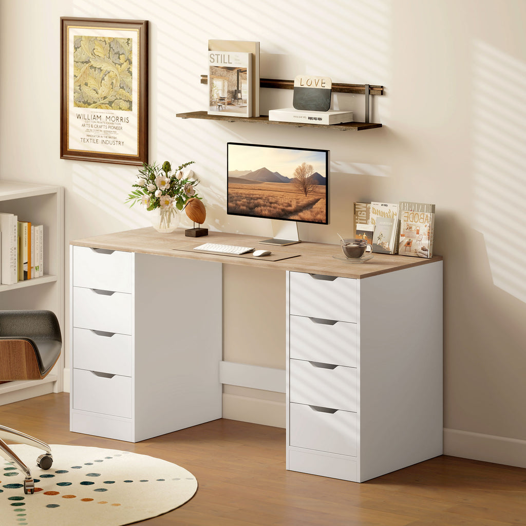 140 cm Computertisch, 8 Schubladen, Schreibtisch f¨¹r Homeoffice, Schlafzimmer, Stahl, Holz, Wei?