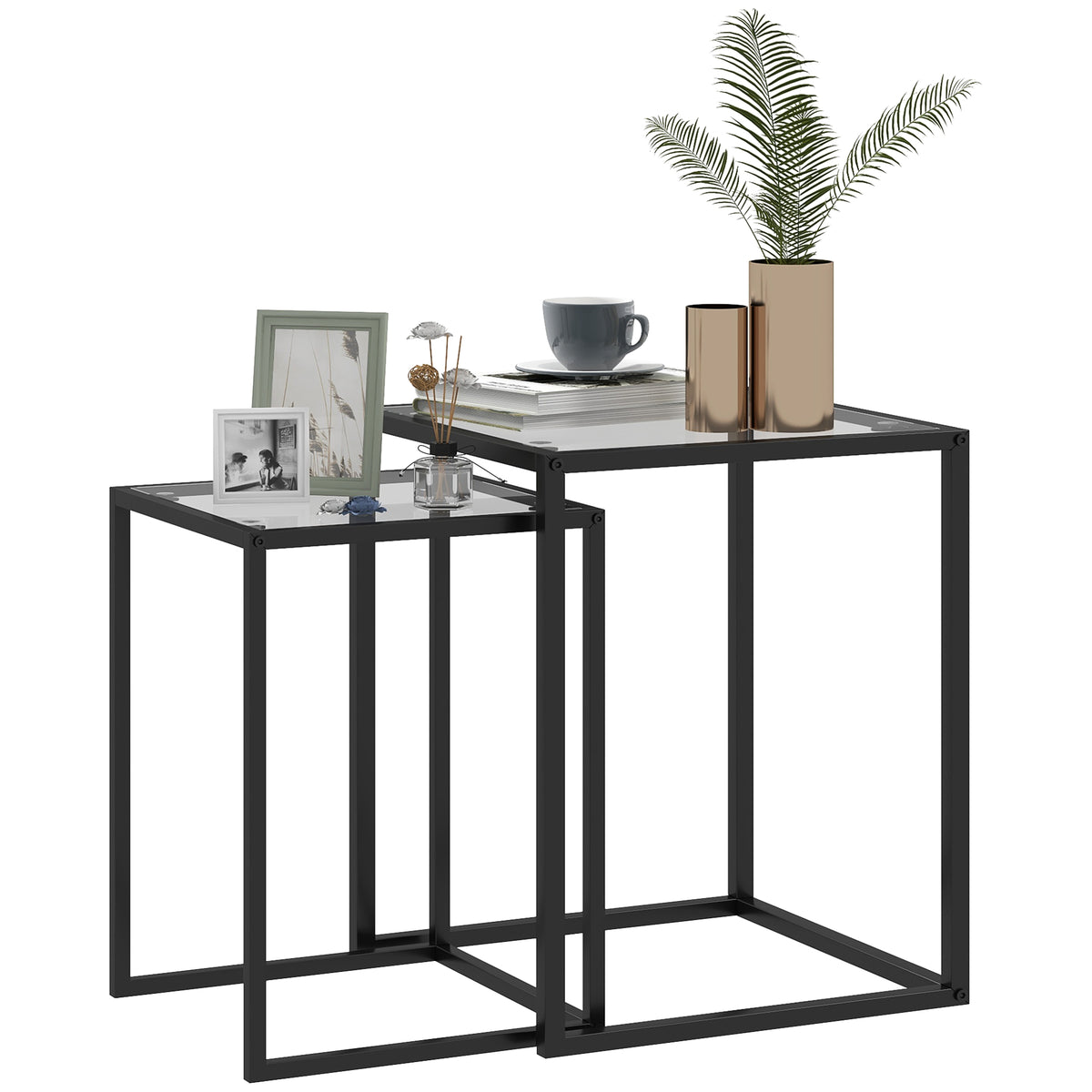 2er Set Beistelltisch stapelbarer Nachttisch Couchtisch mit Beinen aus Stahl, modern f¨¹r Wohnzimmer Schwarz