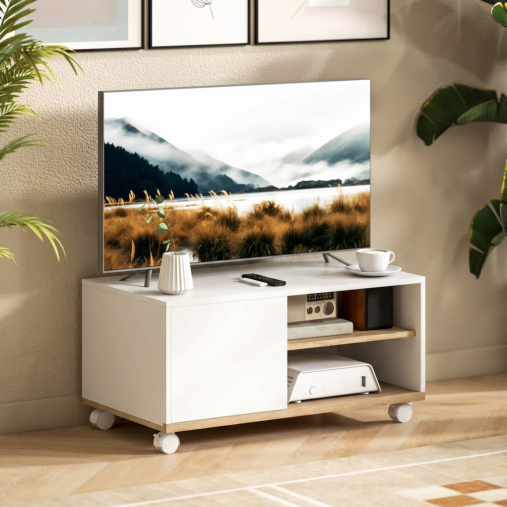 TV-Board auf Rollen mit Bremsen, TV-Möbel mit Schrank und verstellbarer Ablage, Weiß und Eiche