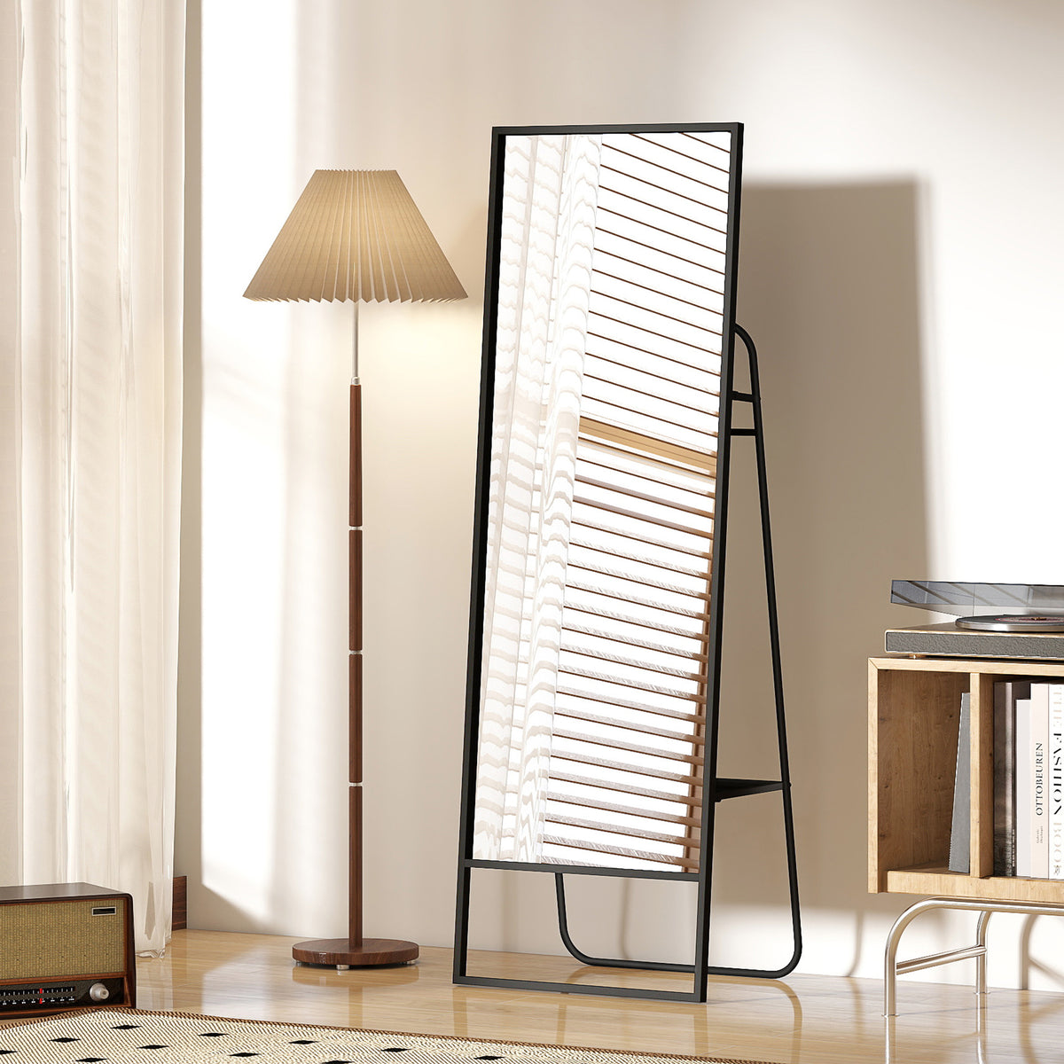 Ganzk?rperspiegel, industrielles Design, hinteres Regal, 2 Haken, Metallrahmen, f¨¹r Schlafzimmer, 157 x 50 cm, Schwarz
