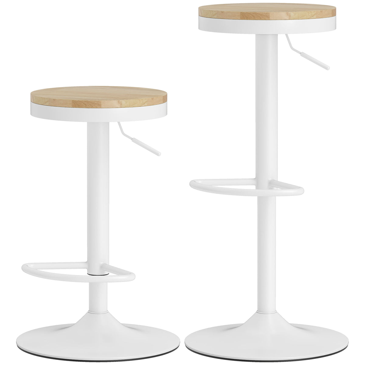 Barhocker 2er Set, Höhenverstellbar 360° Drehbar Barstuhl mit Stahlgestell Fußstütze 38,5x38,5x60-80 cm Naturholz+Weiß