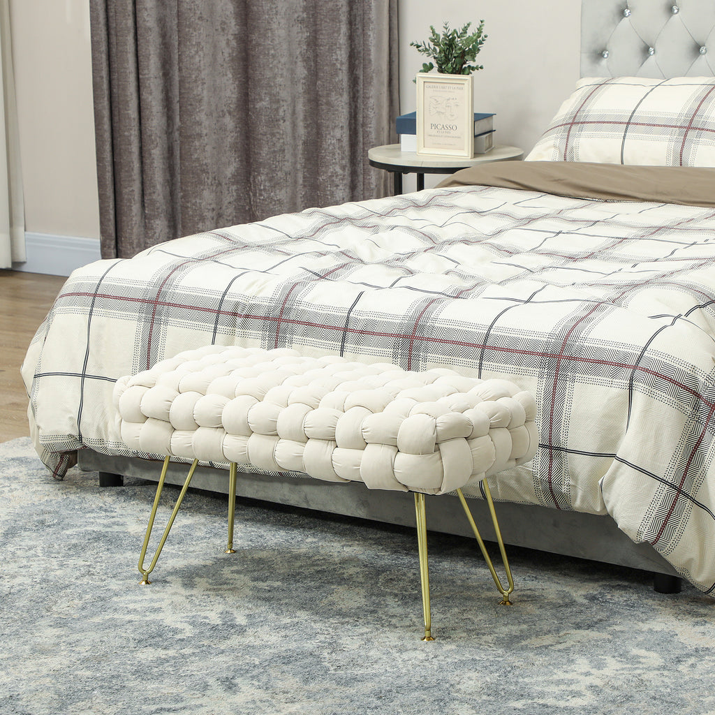 Moderner Sitzhocker mit Metallbeinen, gepolstertem Sitz, für Wohnzimmer, Schlafzimmer, Flur, Cremeweiß