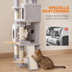Kratzbaum Große, 200 cm hoch Katzenbaum mit 2 Betten, 3 Höhlen, Hängematte, 3 Bällen für 1-3 Katzen unter 6 kg, Hellgrau