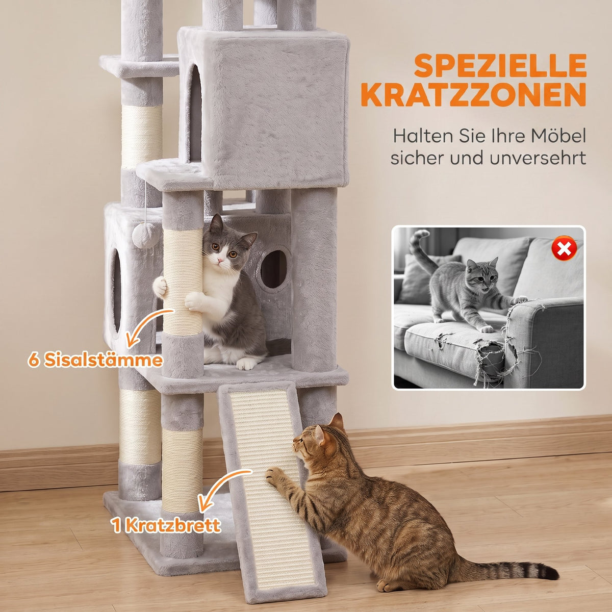 Kratzbaum Große, 200 cm hoch Katzenbaum mit 2 Betten, 3 Höhlen, Hängematte, 3 Bällen für 1-3 Katzen unter 6 kg, Hellgrau