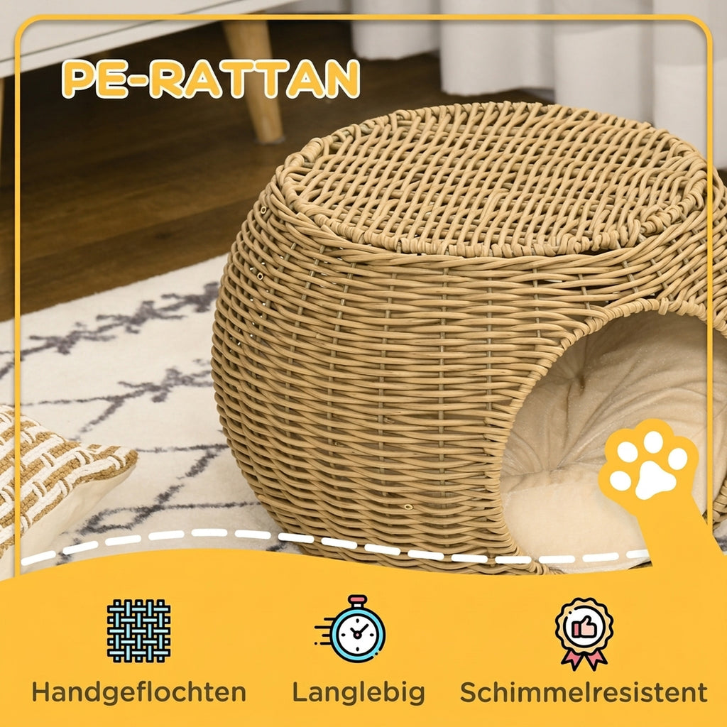 Katzenkorb Rattan zweistöckig Katzenbett Katzenkörbchen mit Kissen Vordertür für Katze unter 3,5 kg Ø40 x 30 cm