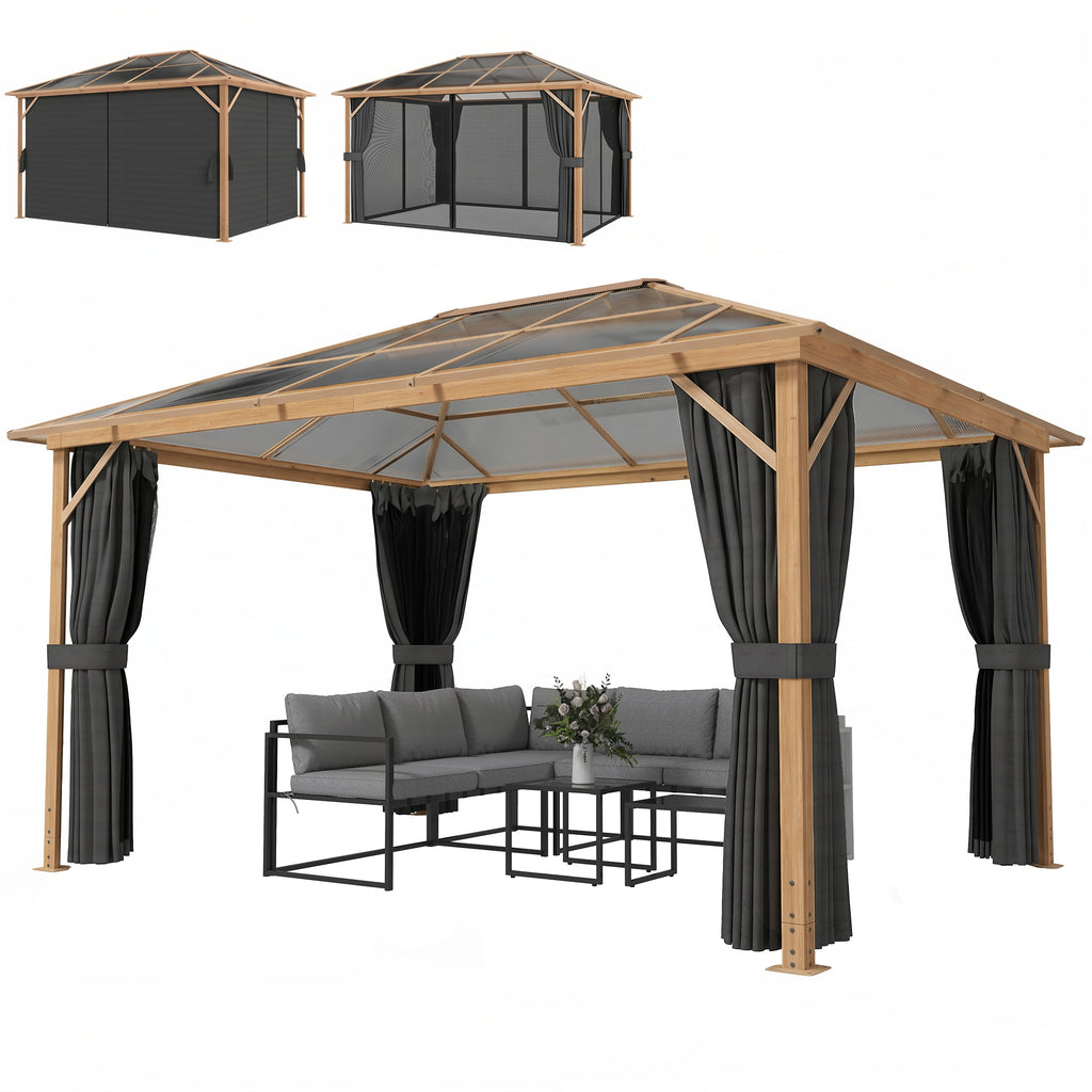 Gartenpavillon ca. 4x3m Aluminium Pavillon mit Polycarbonat-Dach 6 mm Moskitonetz 4 Seitenteile Holzoptik Naturholz