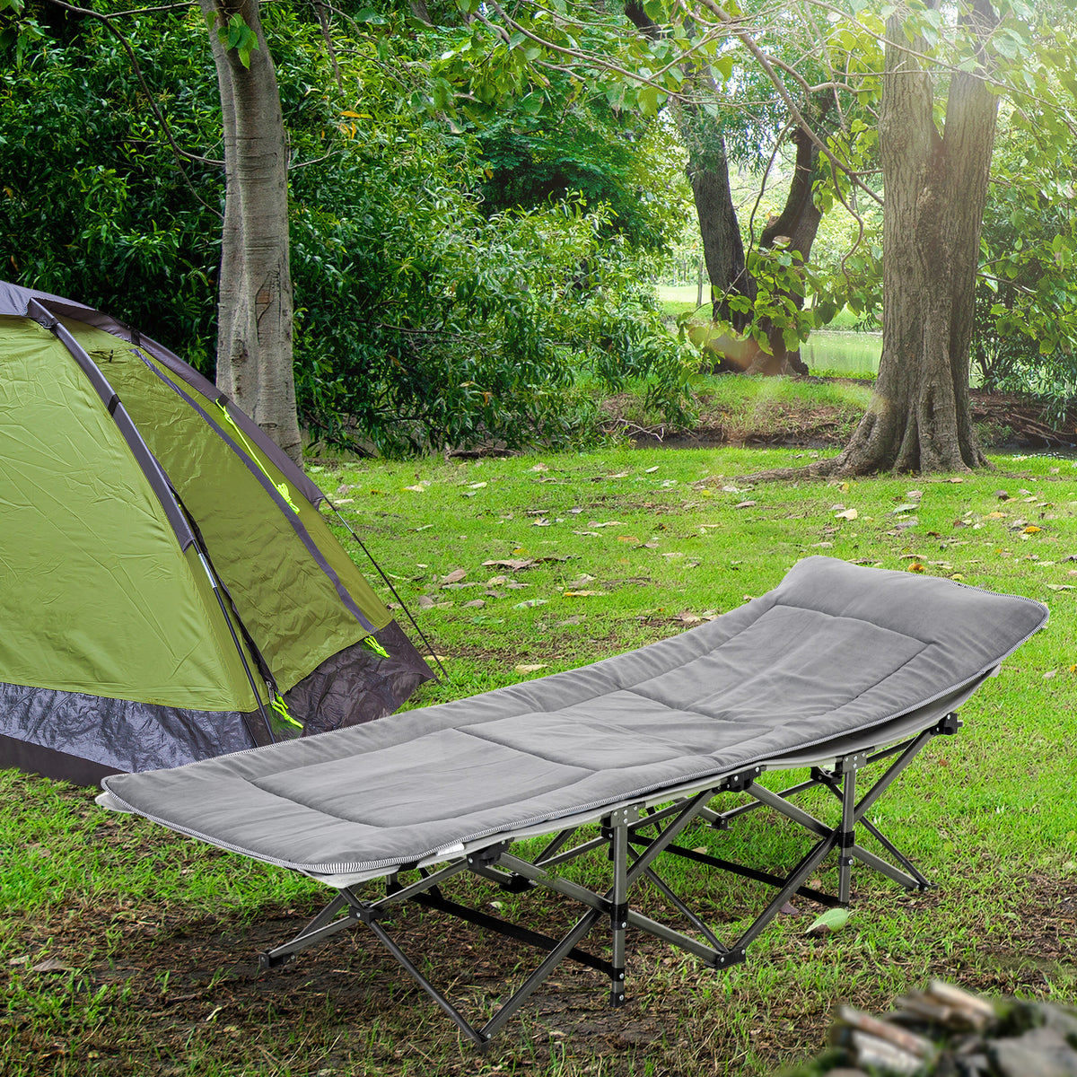 Feldbett faltbar Campingbett mit Matratze Tragetasche 188 x 64,5 x 53 cm Gästebett bis 150 kg belastbar Campingliege für Erwachsene Klappbett für Outdoor Garten Camping Reisen Hellgrau
