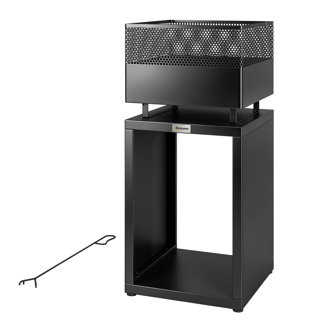 Outdoor Fire Pit with Wood Storage Wood Burning Firepit with Mesh Sides 87 cm Black