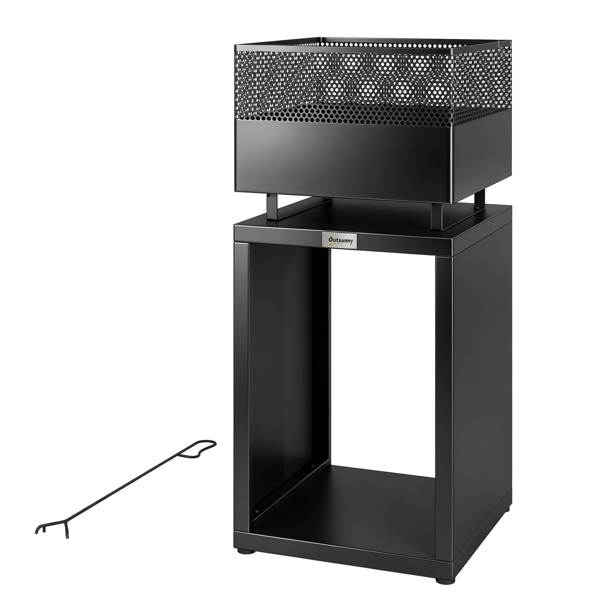Outdoor Fire Pit with Wood Storage Wood Burning Firepit with Mesh Sides 87 cm Black