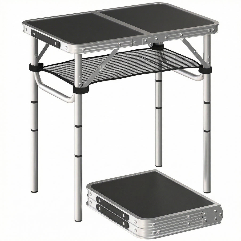 2ft Folding Camping Table, Picnic Table with Mesh Storage Layer, 4 Adjustable Heights and Carrying Handle, Black
