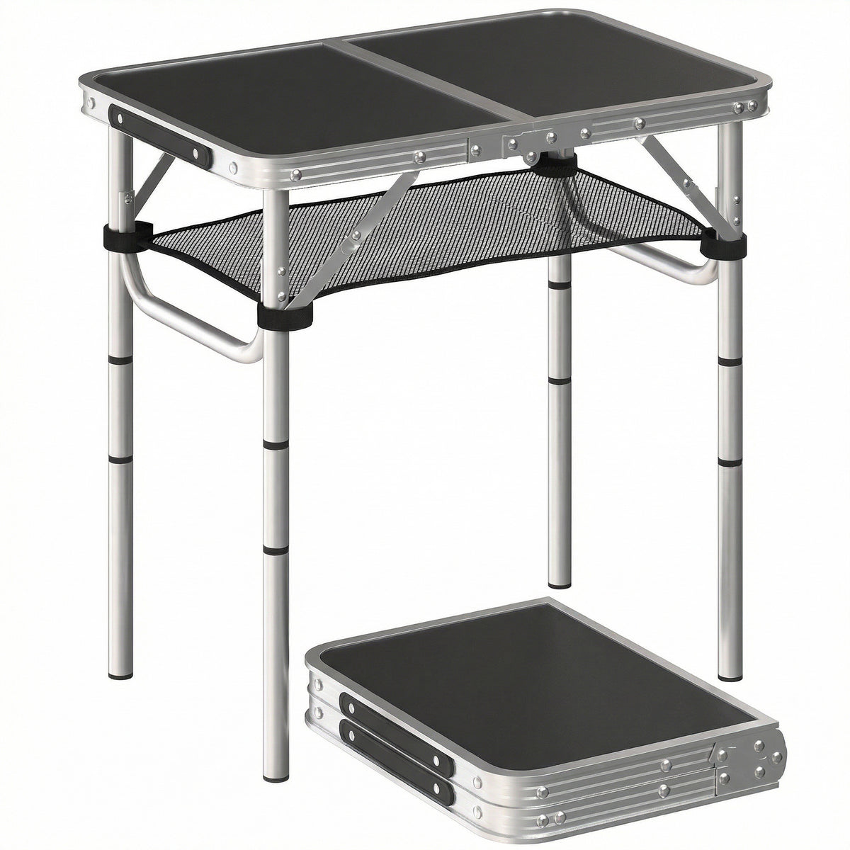 2ft Folding Camping Table, Picnic Table with Mesh Storage Layer, 4 Adjustable Heights and Carrying Handle, Black