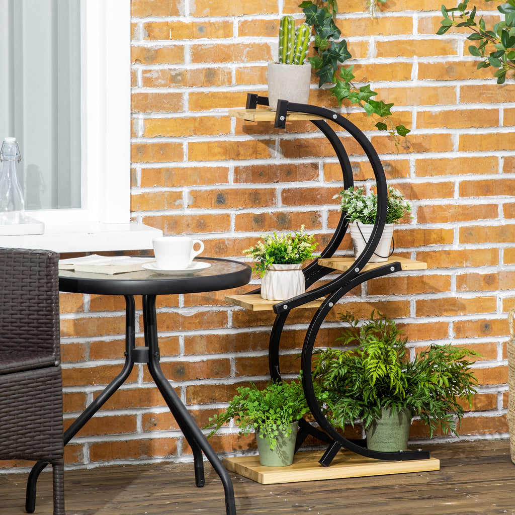 Pflanzenst?nder mit 4 Regalen, Massivholz, wetterbest?ndig, 46 cm x 25 cm x 91 cm, Schwarz + Natur