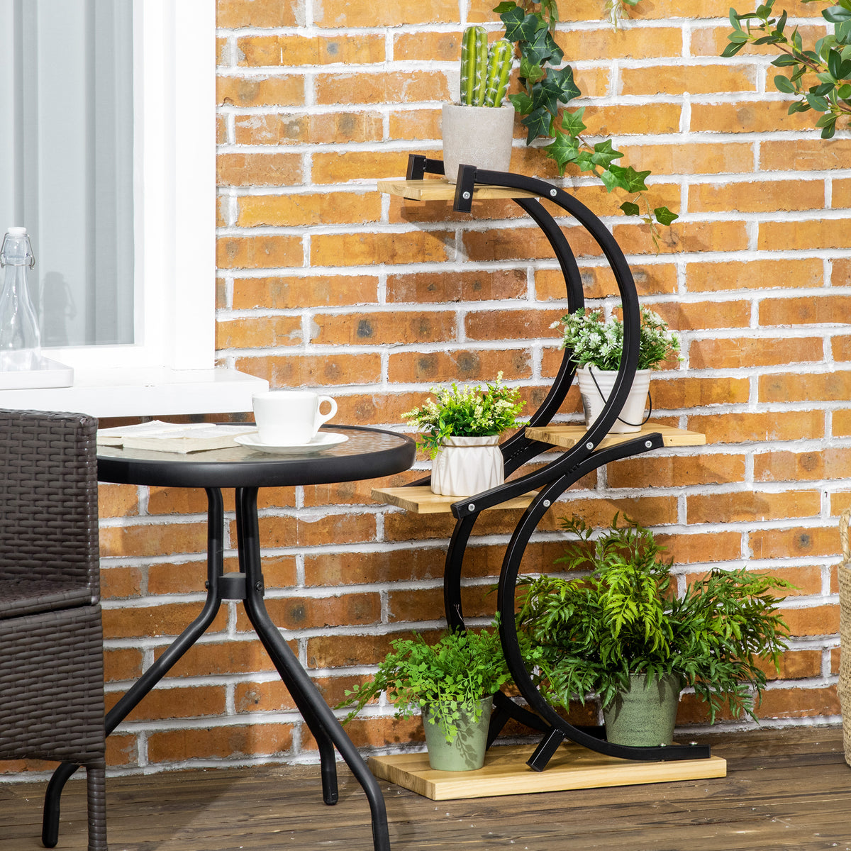 Pflanzenst?nder mit 4 Regalen, Massivholz, wetterbest?ndig, 46 cm x 25 cm x 91 cm, Schwarz + Natur
