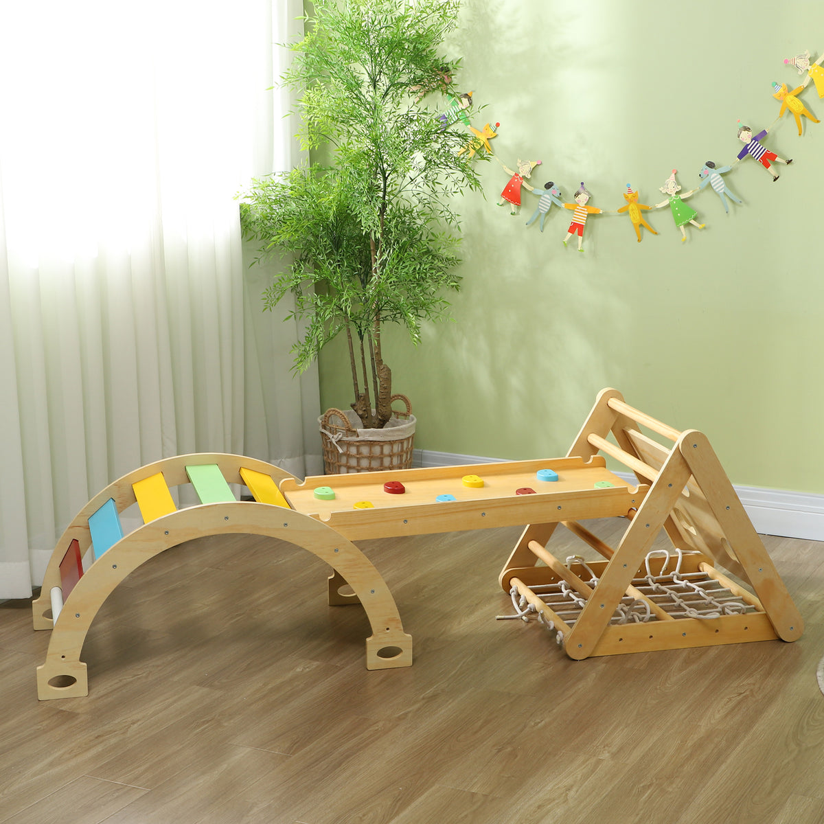 Kletterger¨¹st Indoor, 7 in 1 Kletterdreieck mit Rutsche, Kletterbogen, Mehrfarbig