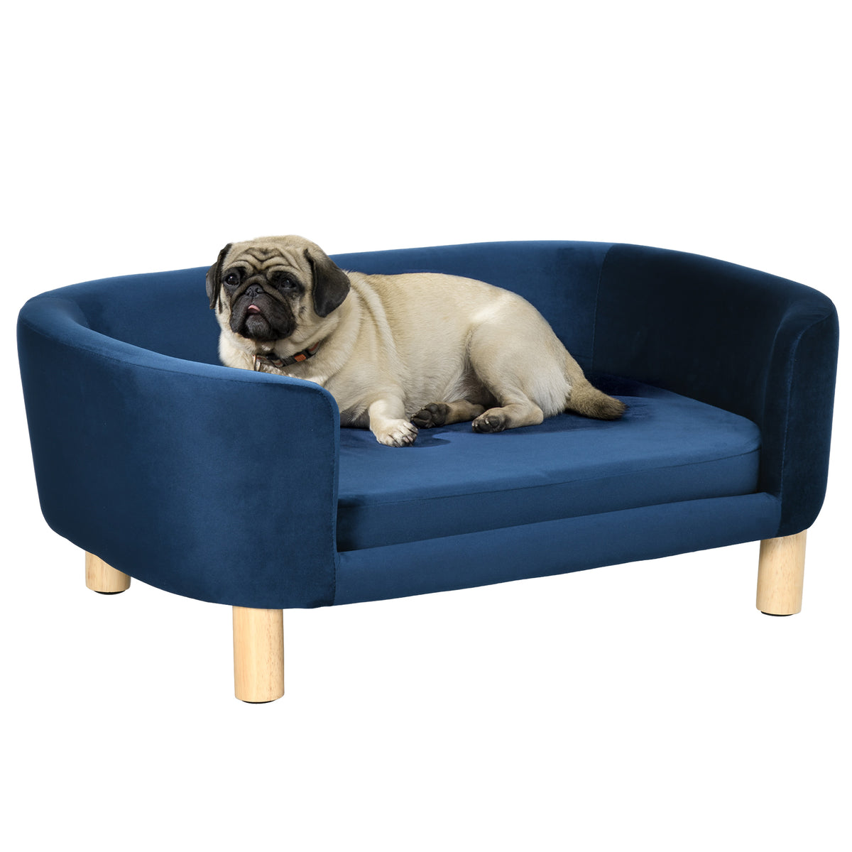 Hundesofa Hundebett aus holländischem Samt Hundecouch mit Rückenlehne, Holzbeine, Kissen Blau