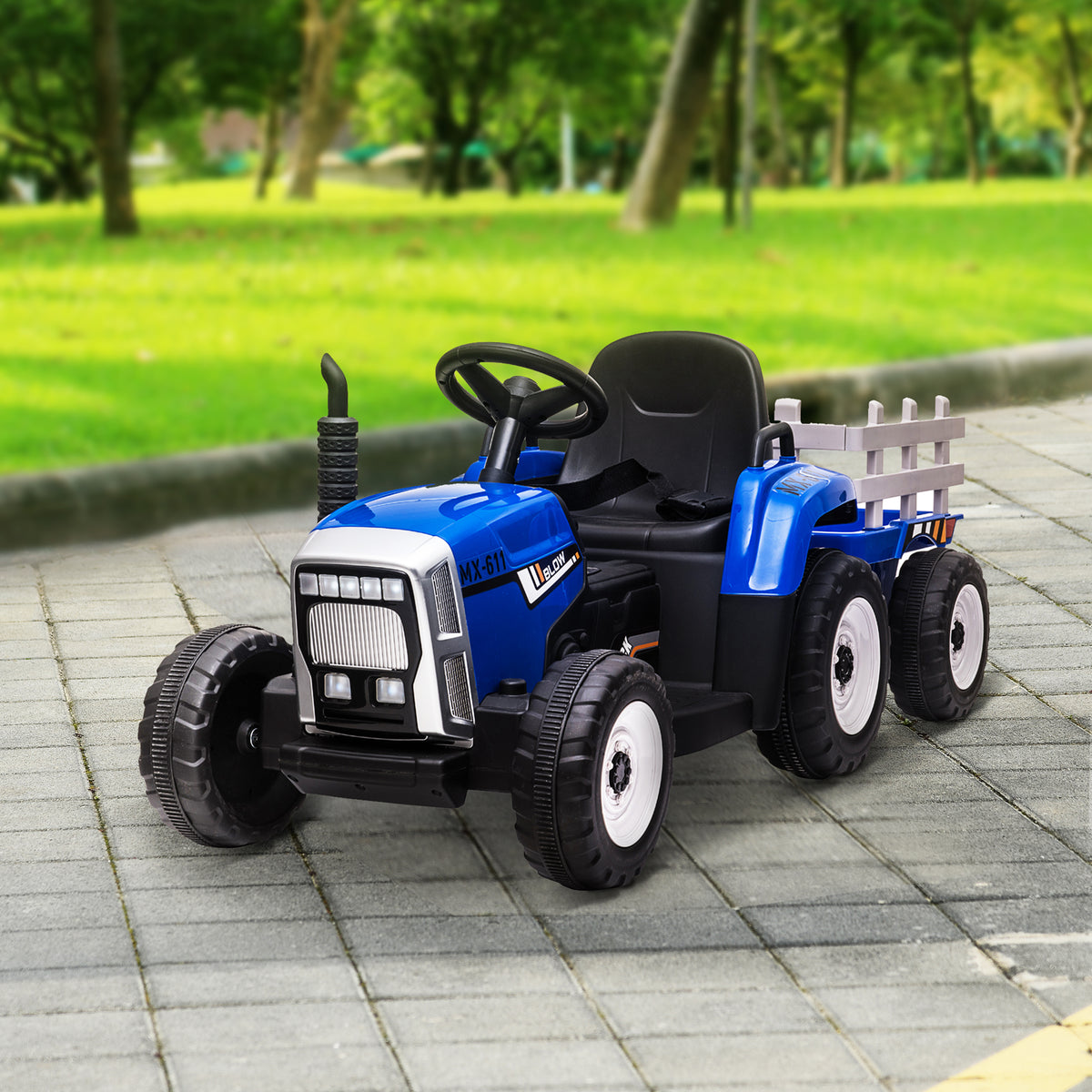 Kinder-Elektroauto mit Anhänger, Fernbedienung, Scheinwerfer, 3-6 km/h, für 3-6 Jahre, Blau