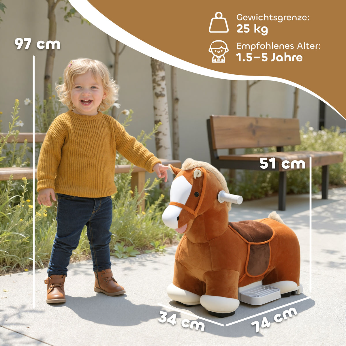 Fahrbares Reitpferd für Kinder, weicher Bezug, Batteriebetrieb, Musik, Räder, 1,5-5 Jahre, Braun