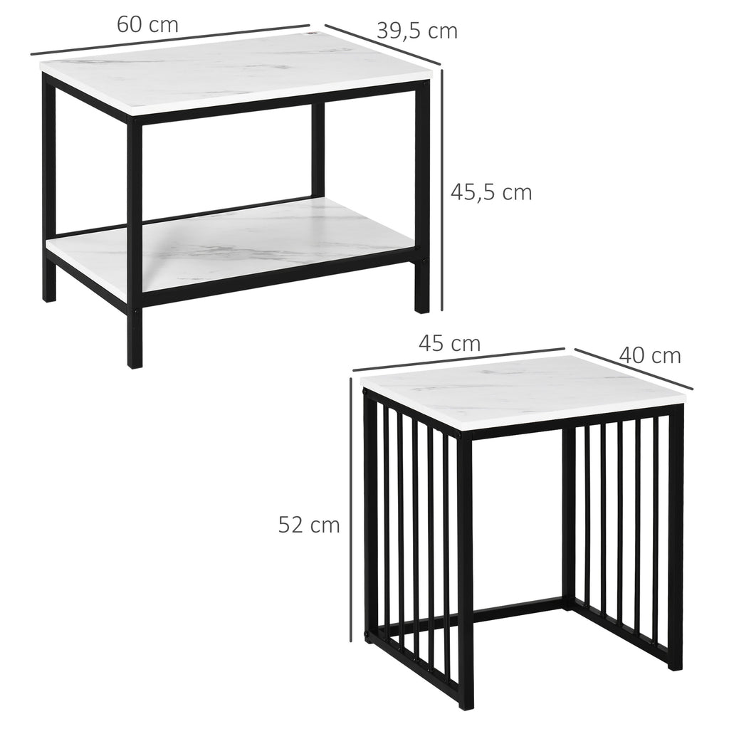 Modern Coffee Table Set of Two, Marble-Effect Nesting Side Tables with Steel Frame for Living Room, White, Black
