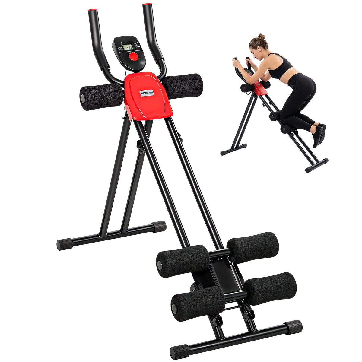 Bauchtrainer, Klappbarer Bauchmuskeltrainer mit LCD-Anzeige, Doppel-Schienen belastbar bis 120 kg, Stahl, Rot