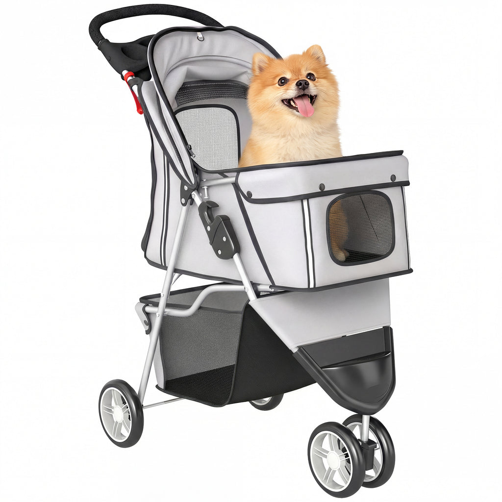 Dog Stroller, 3 Wheels Foldable Pet Stroller with Adjustable Canopy, Storage Basket for Small Mini Breeds, Grey
