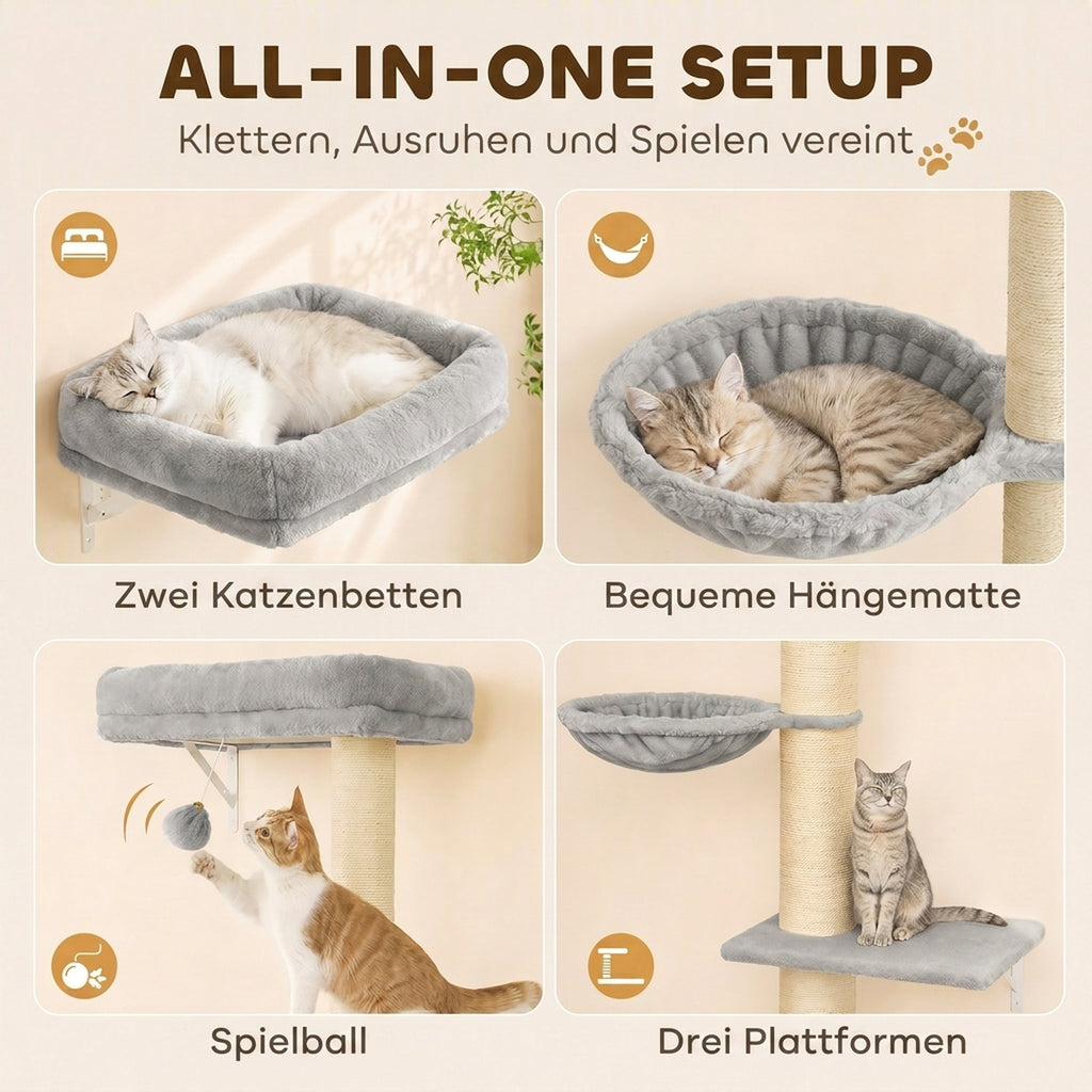 Kletterwand Katzen, 3-teilig Katzenkletterwand Set, Katzen Wandelemente mit Kratzbaum, Plattformen Hängematte