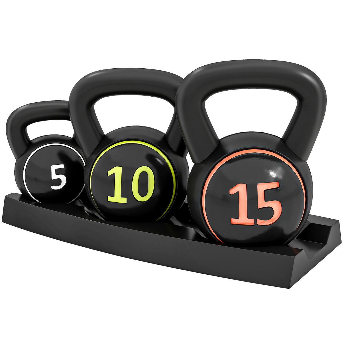 Three-Piece Kettlebell Set, 5lbs, 10lbs, 15lbs with Storage Tray