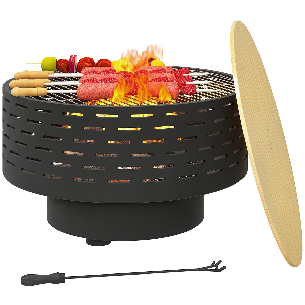 3-in-1 Feuerschale Ø60 x 39cm Feuerstelle mit Edelstahl-Grillrost Schürhaken Funkenschutz in Holzoptik Kohlegrau