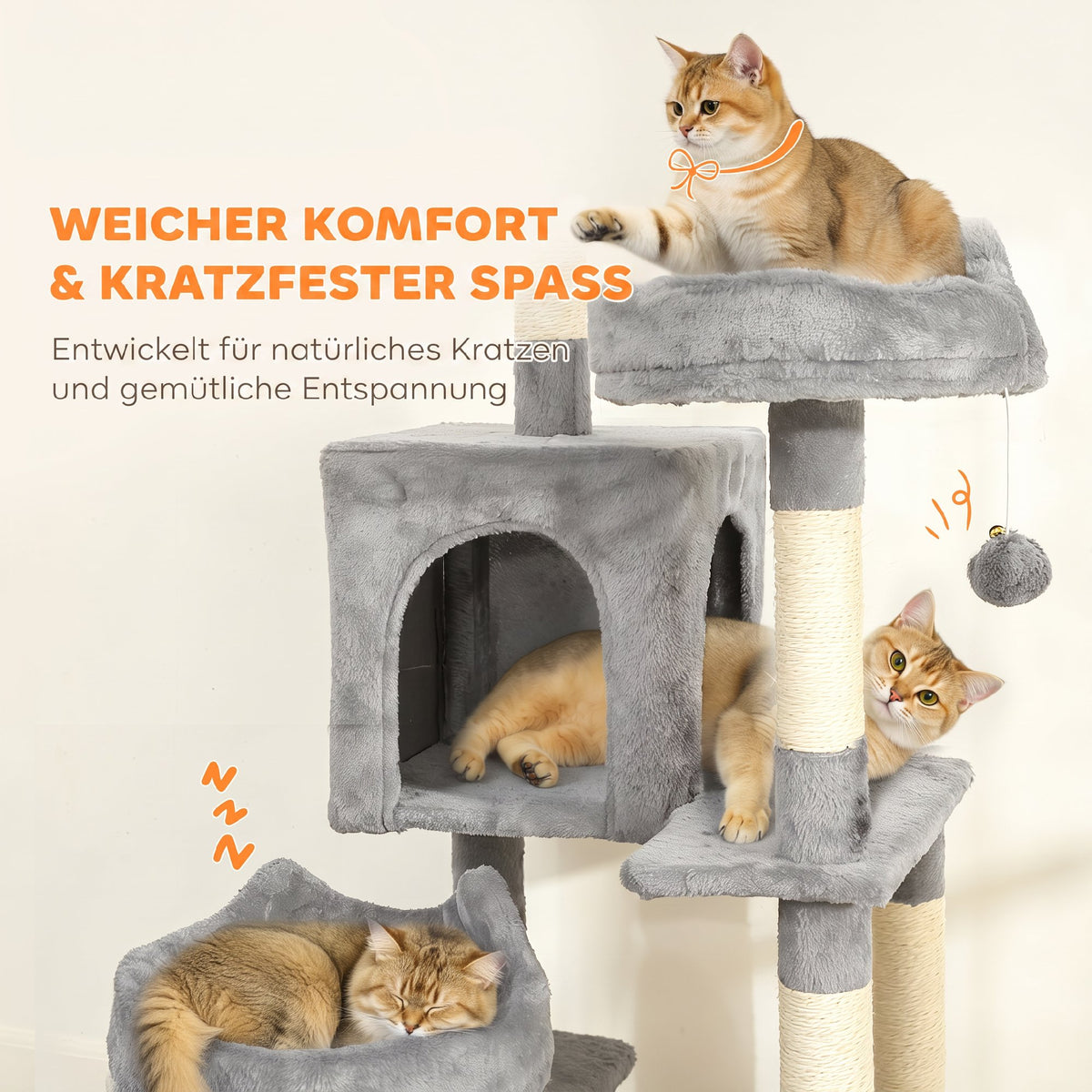 Cat Tree, 192 cm Large Multi-Level Cat Tower for Indoor Kittens with 8 Scratching Posts, 3 Plush Beds, 2 Hammocks