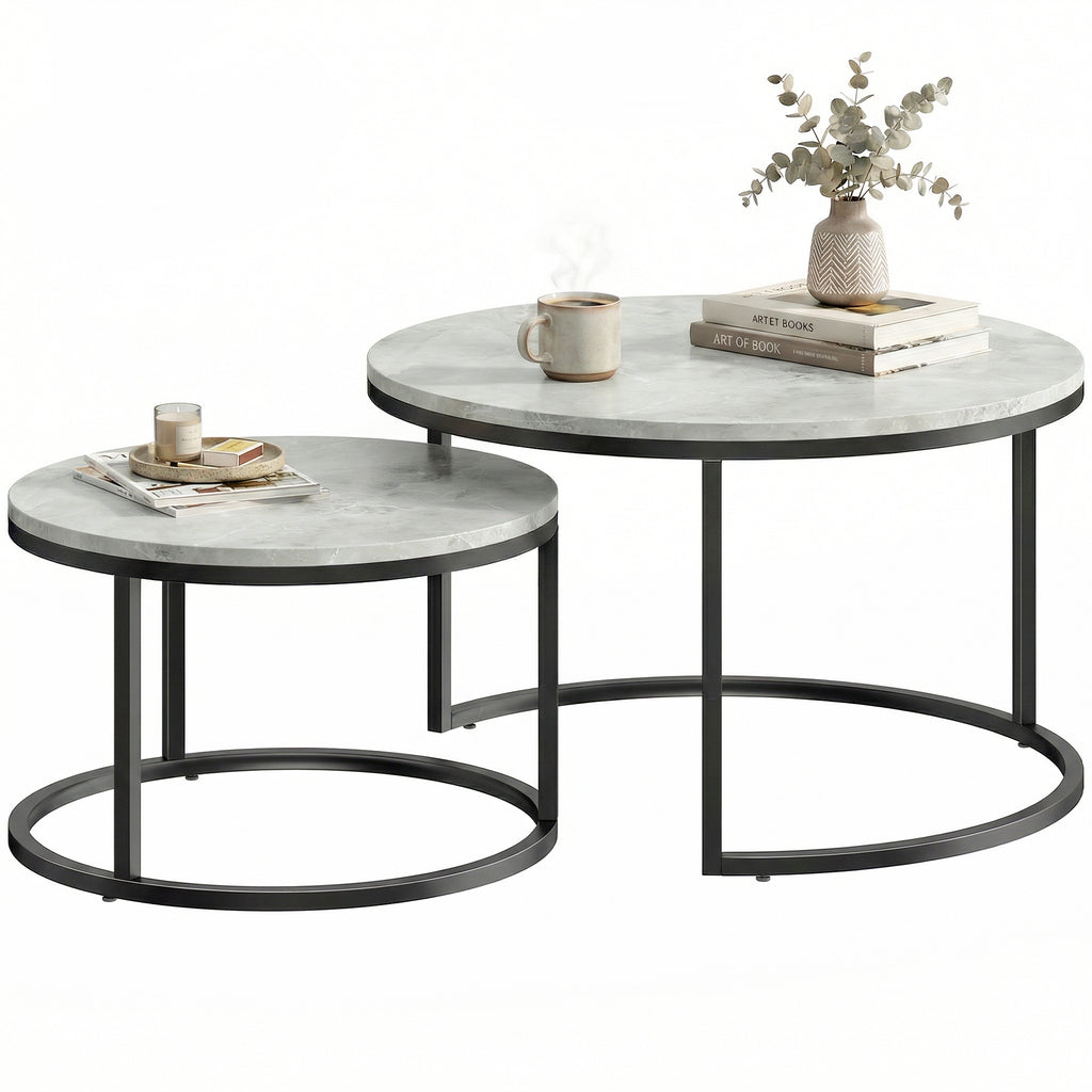 Set of Two Marble-Effect Stacking Tables - Grey