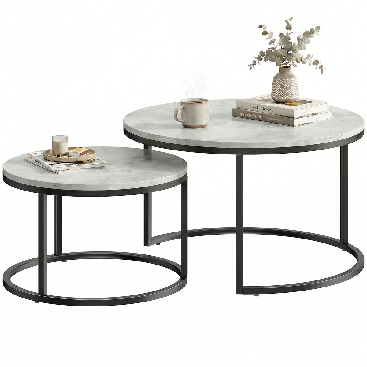 Set of Two Marble-Effect Stacking Tables - Grey