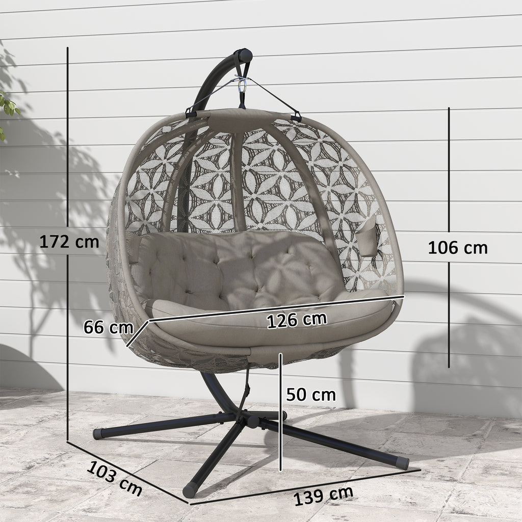 Outdoor Double Hanging Chair with Cushion and Cup Holders, Sand Brown