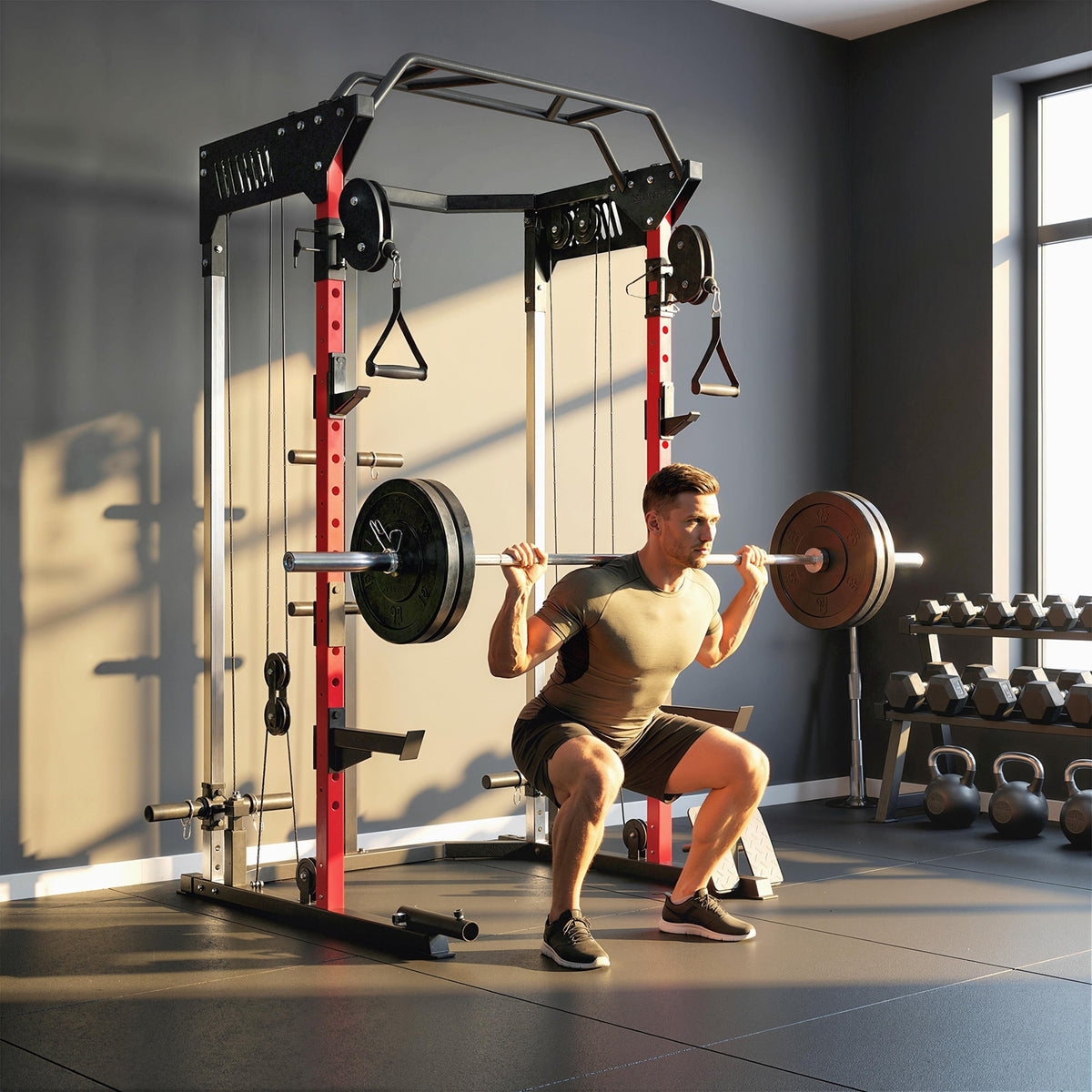 Power Cage, Power Rack with Adjustable Cable Pulley System, Pull-Up Bar, Dip Station, Landmine