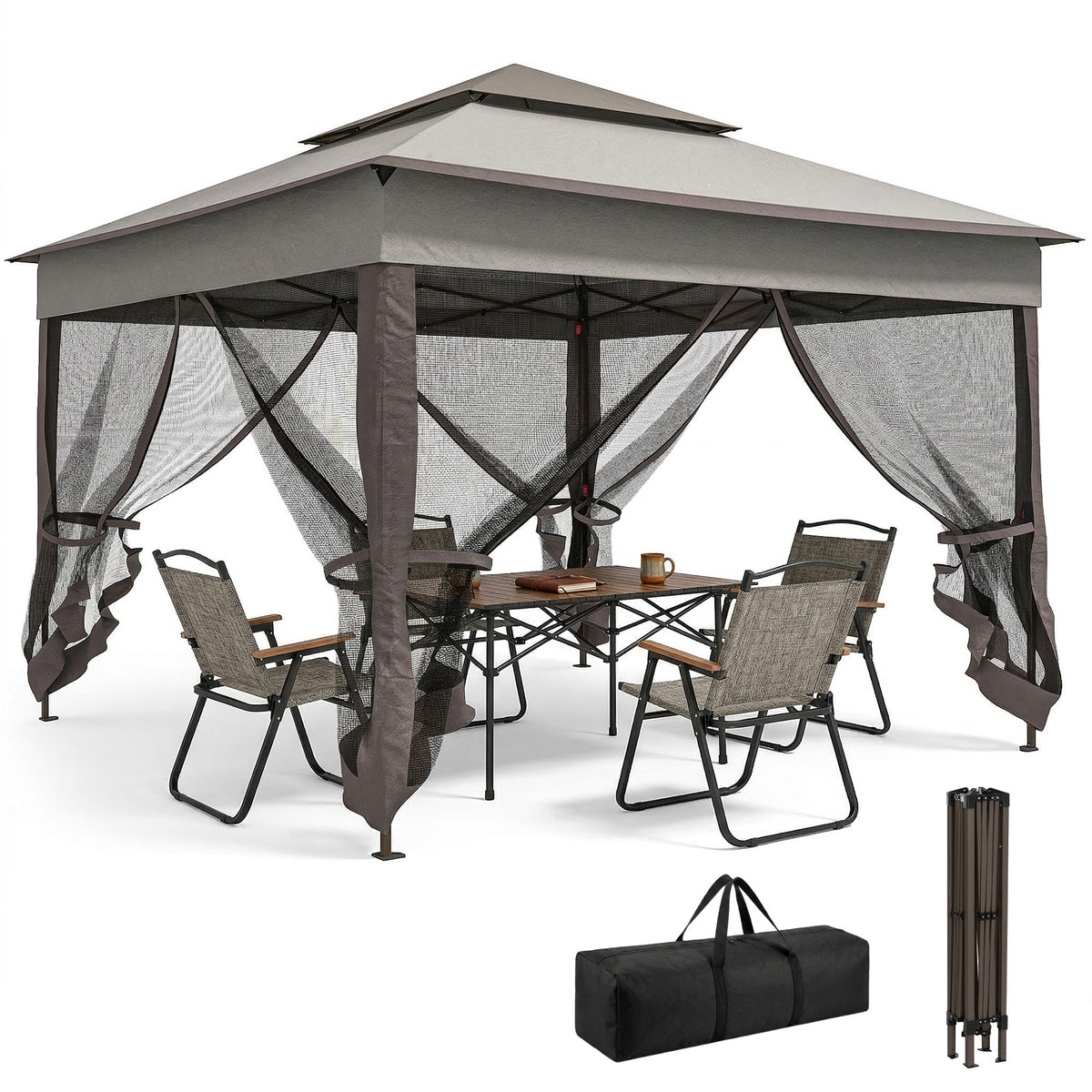 3.25 x 3.25m Deluxe Metal Gazebo, with Curtains - Brown and Grey