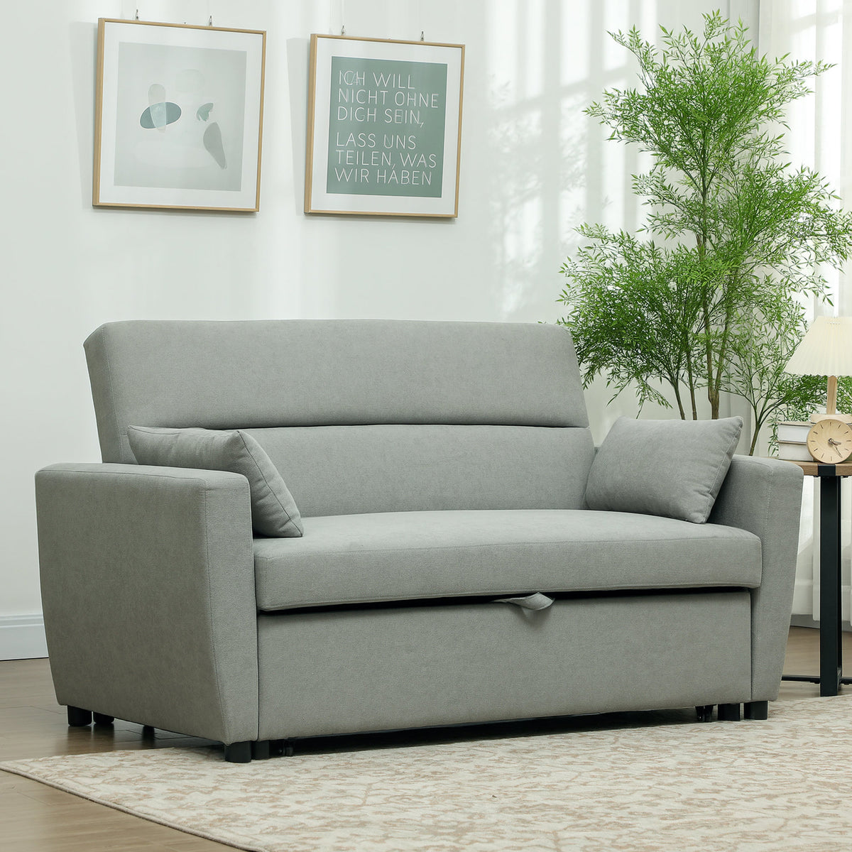2-Sitzer Sofa mit Bettfunktion, Verstellbarer R¨¹ckenlehne, Polstersofa, Samtoptik, f¨¹r Wohnzimmer, Schlafzimmer, Hellgrau