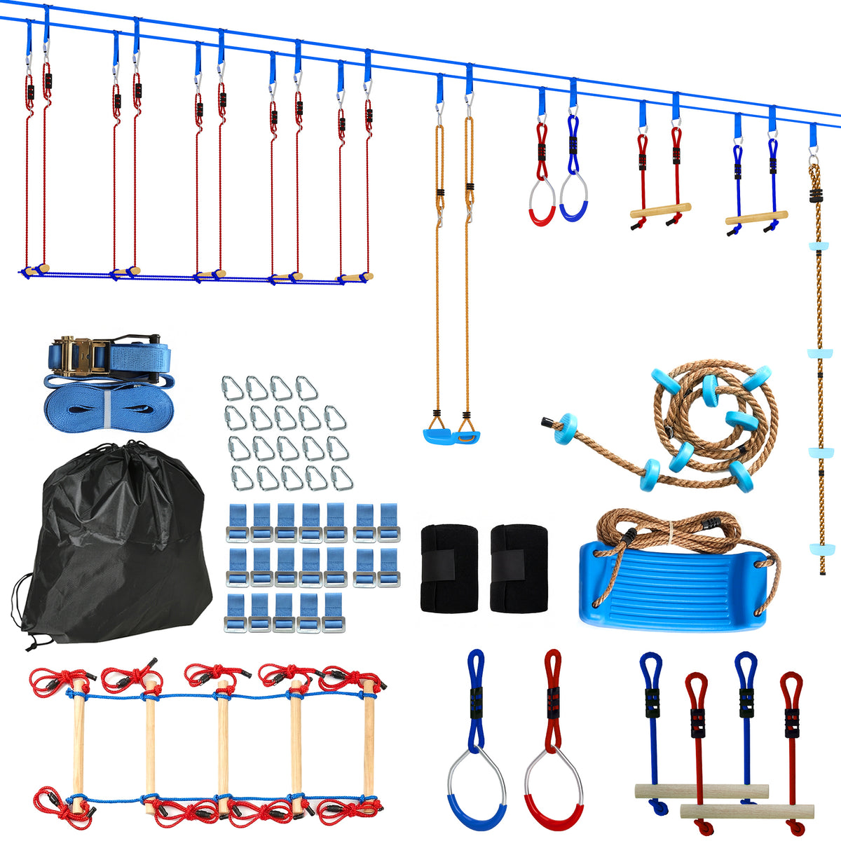 Ninja Line Kinder 24 m Slackline Set mit Turnringe 7 Hindernissen Kletterstange Balancierbrücke für 3-6 Jahre