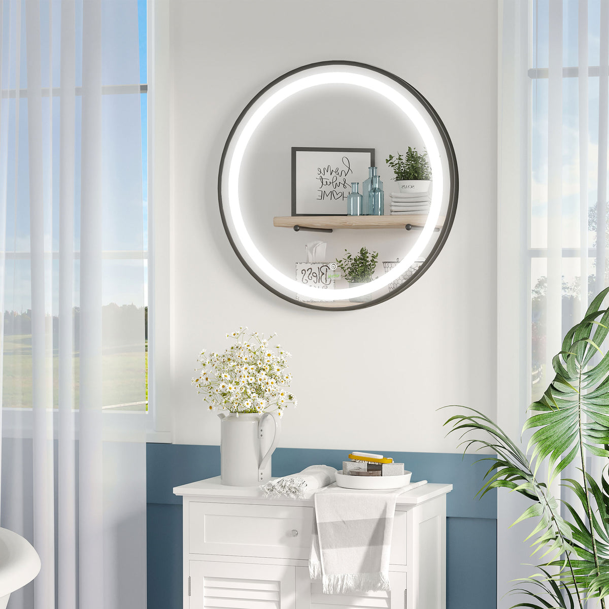 Round LED Bathroom Mirror, Dimmable Lighted Wall-Mounted Mirror with 3 Temperature Colours, Memory Function, Hardwired