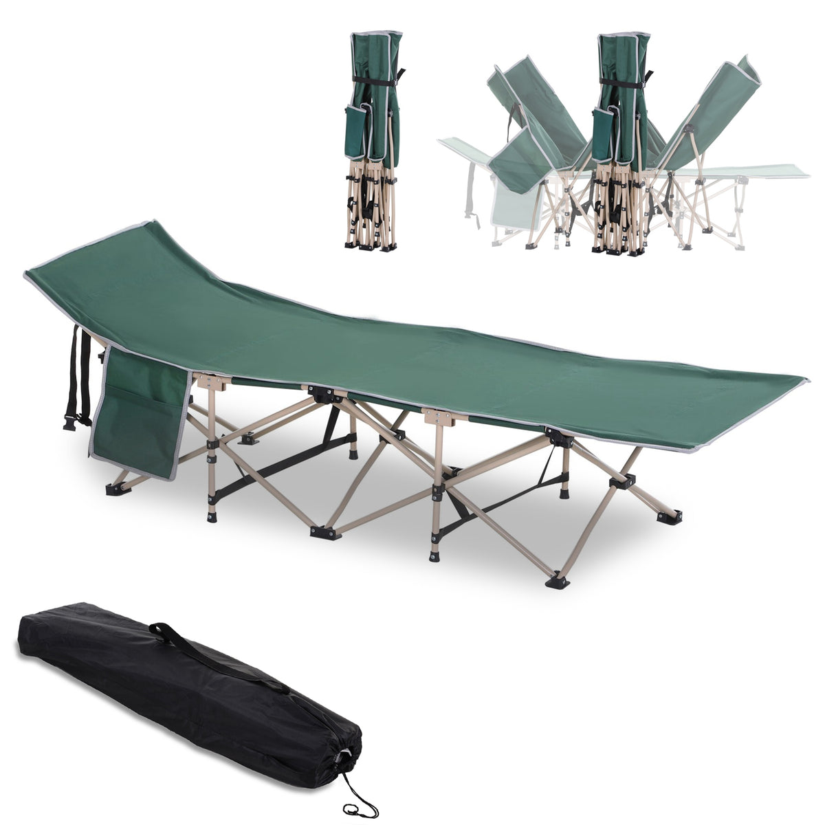 Feldbett, Camping-Bett, klappbar, wetterbeständig, ink. Tragetasche, 190 cm x 68 cm x 52 cm, Grün + Beige