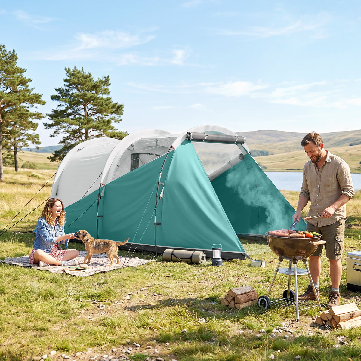 Three-Man, 3000mm Water-Resistant Two-Room Tunnel Tent - Green