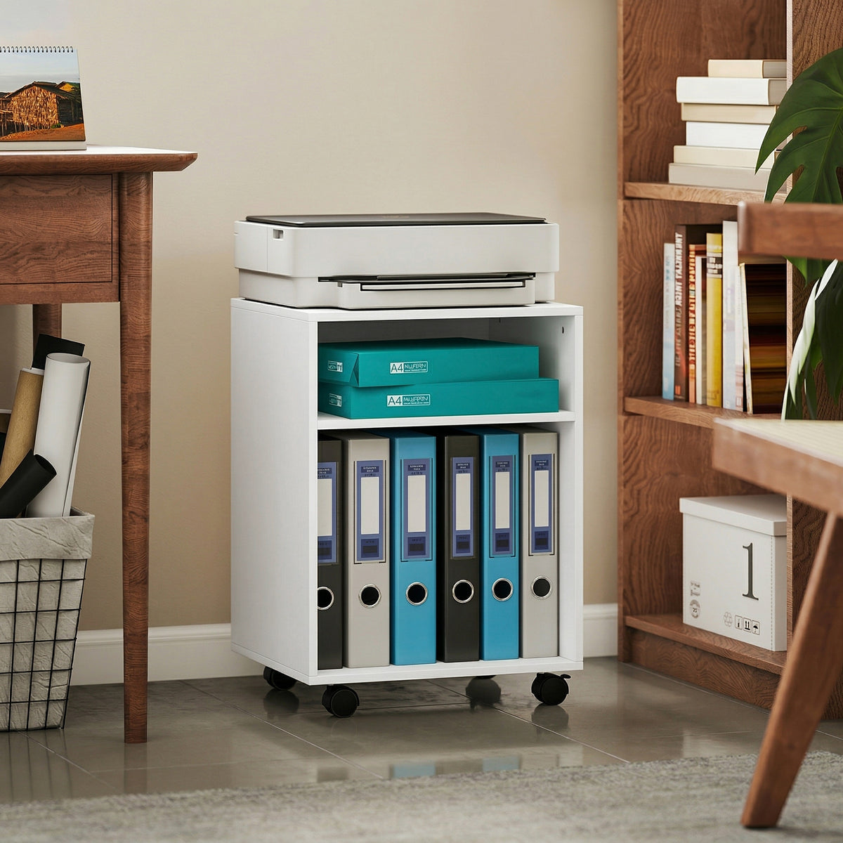 Druckerständer Druckertisch mit 2 offenem Regal feststellbaren Rollen für Büro Zuhause Fax Scanner 40 x 35 x 56 cm Weiß