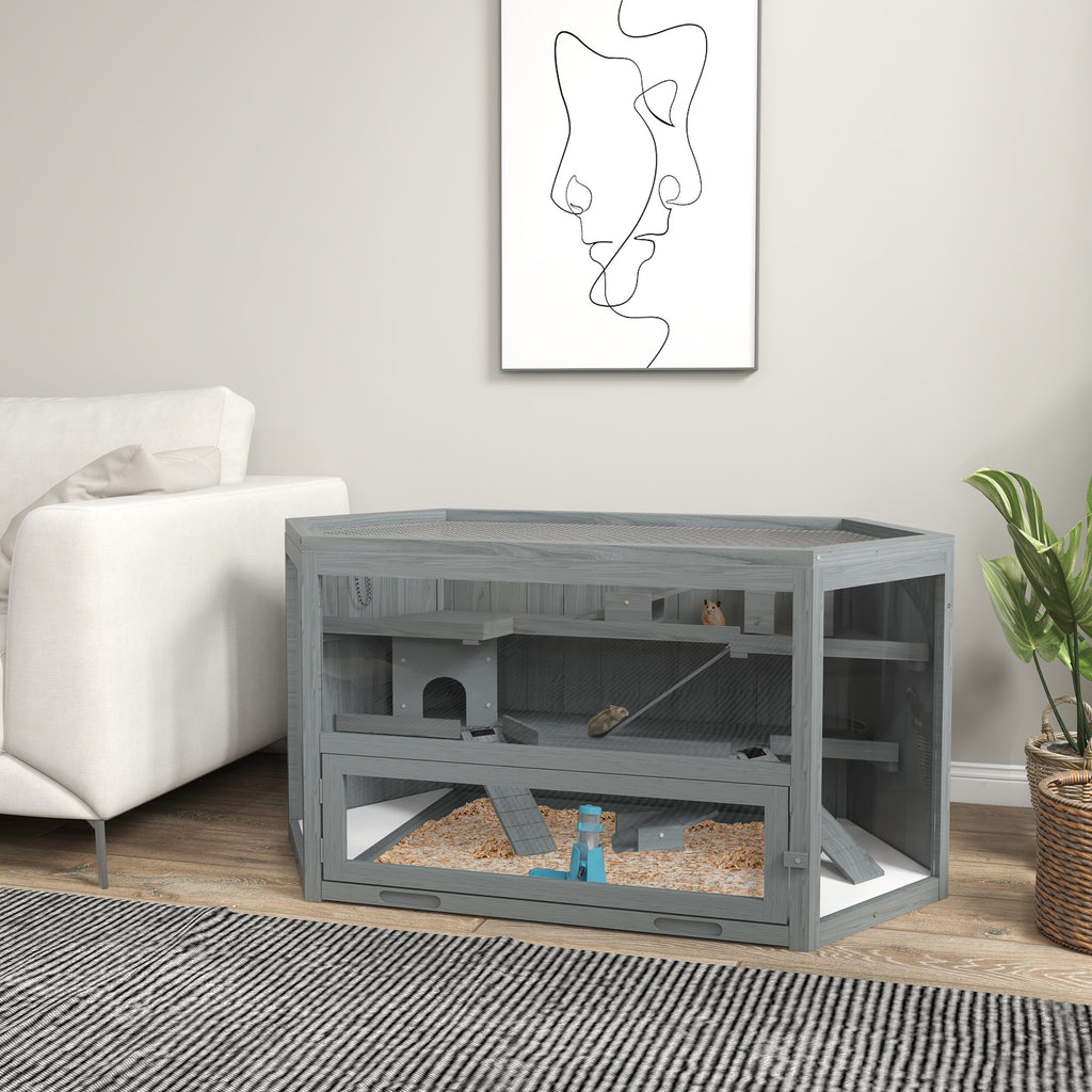 3 Tier Wooden Large Hamster Cage with Sliding Tray, Seesaws, Water Bottle, Grey