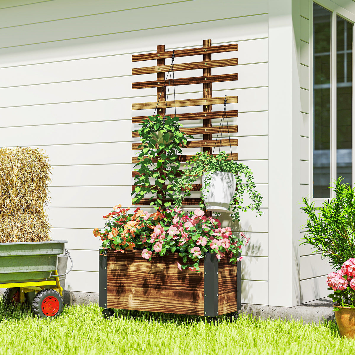Raised Garden Bed with Trellis, Outdoor Wooden Planter Box with Metal Corners and Wheels, Raised Bed for Garden