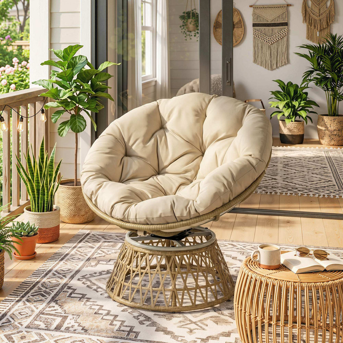 Korbsessel Rattansessel Outdoor-Sessel, Boho-Stil, wetterbeständig, 85 cm x 70 cm x 82 cm, Creme + Natur