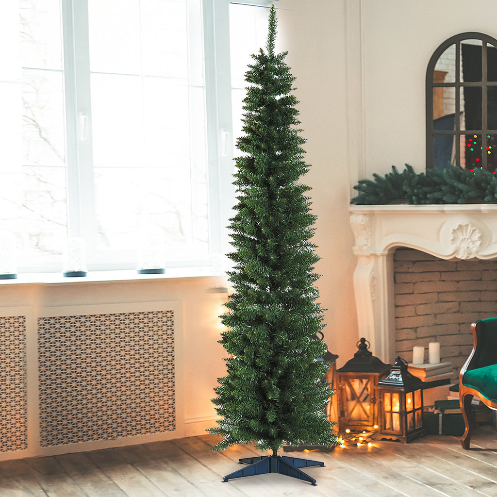 7ft Unlit Artificial Christmas Tree, Pencil Slim Xmas Tree with Solid Stand and Realistic Branches, Green