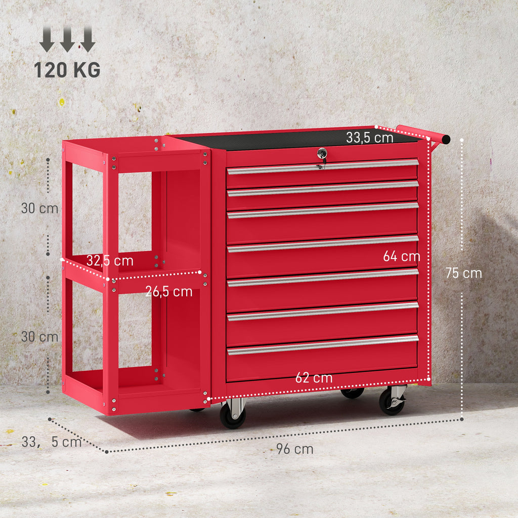 Werkstattwagen Werkzeugwagen mit 7 Schubladen abnehmbar Seitenregal 4 Rollen mit Feststellbremse, 96x33,5x75cm, Rot