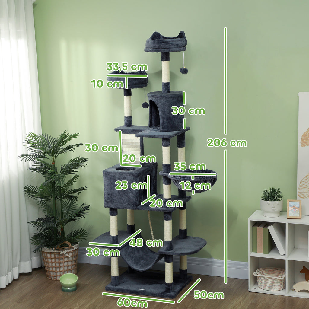 206cm Cat Tree, Multi-Level Cat Tower with Scratching Posts and Board, Beds, Condos, Platforms, Toy Balls, Dark Grey