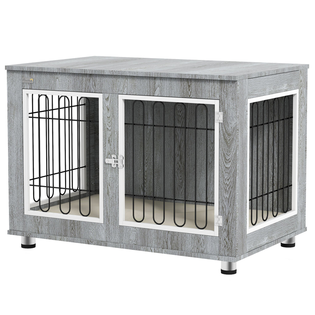 Dog Crate Furniture End Table, with Washable Cushion, Double Doors, for Medium/Large Dogs, Grey