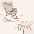 Schaukelstuhl mit Fußhocker, weicher Fleece-Bezug, Holzbeine, Kissen, hohe Rückenlehne, Schaukelsessel, Beige