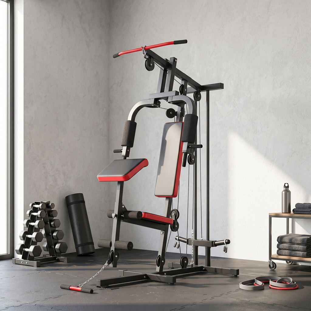 Kraftstation Fitnessstation mit Latzug, Butterflystange, verstellbar Preacher Bank, Beintrainer, bis 120kg Schwarz+Rot